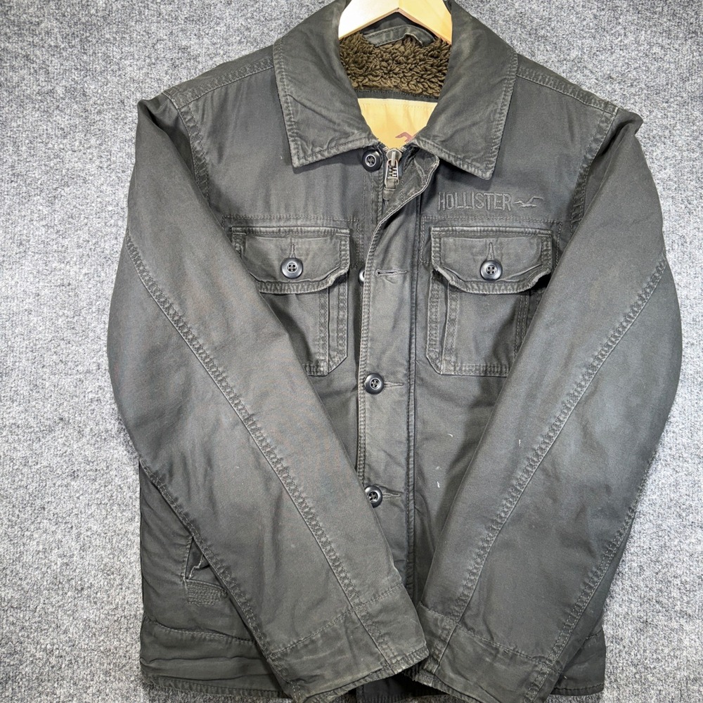 Hollister Sherpa Lined Field Jacket Mens Small Black Cotton Canvas Utility Coat